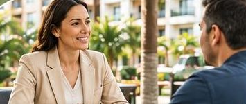 Reunión entre una mujer y un hombre en una mesa al aire libre, con edificios al fondo